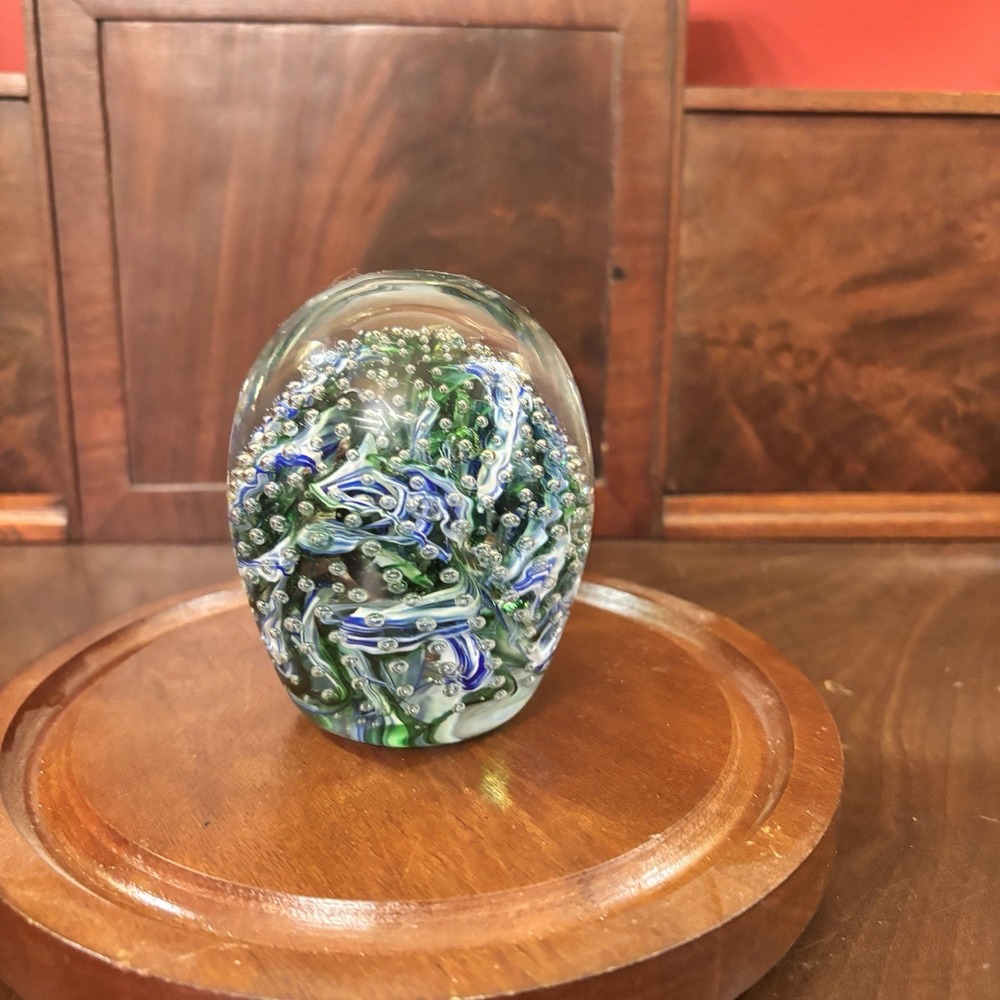 Art Glass Paperweight Blue Green White Swirl Controlled Bubble 3.5" Hand Blown